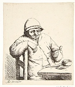 Bonde, siddende ved et bord med en pibe i hånden by Adriaen van Ostade