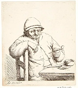Bonde, siddende ved et bord med en pibe i hånden by Adriaen van Ostade