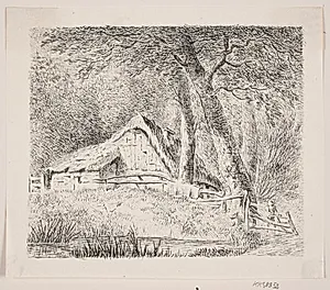 Bondehus i en skov by J.P. Møller