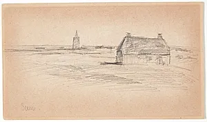 Bondehus og kirketårn by Albert Gottschalk