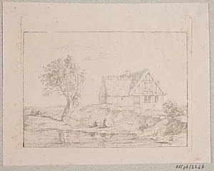Bondehus ved et vand by Madsen, A.P.