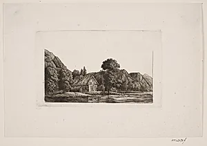 Bondehus ved sø by Søren Henrik Petersen