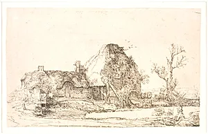 Bondehytte og skitserende tegner by Rembrandt van Rijn