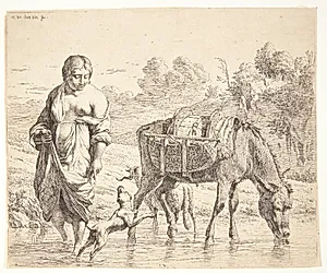 Bondekvinden, der passerer en bæk med sit lastdyr by Karel Du Jardin
