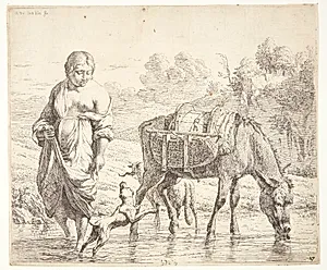 Bondekvinden, der passerer en bæk med sit lastdyr by Karel Du Jardin