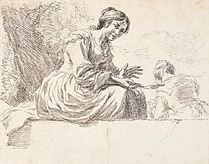 Bondepige siddende på en sten. Titelblad til "Får" by Nicolaes Berchem