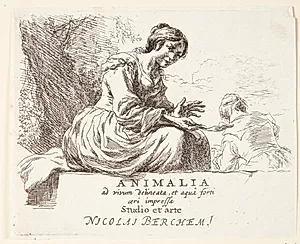 Bondepige siddende på en sten. Titelblad til "Får" by Nicolaes Berchem