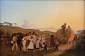 Bønder vender hjem fra marken med det sidste læs korn by H.J. Hammer