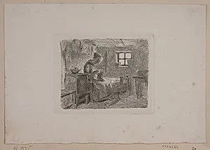 Bondestue med en strikkende kone by L.A. Schou