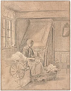 Bondestue med pige der karter uld by Martinus Rørbye