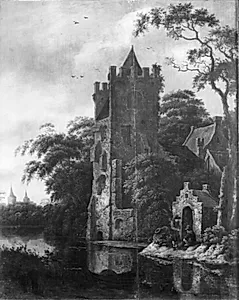 Borgruiner ved en flod by Roelof Jansz. van Vries