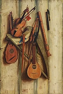 Bræddevæg med musikinstrumenter. Trompe l'oeil by Franciscus Gijsbrechts