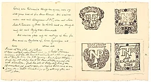 Brev med 10 udkast til ekslibris for bogtrykker Niels P. Thomsen by Joakim Skovgaard