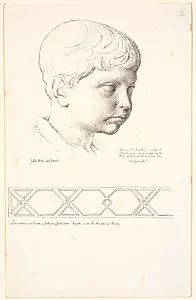 Britannicus hoved set i 3/4 profil mod højre. Forneden en dekorativ bort by Johan Thomas Lundbye