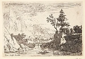 Bro over en flod mellem høje klipper, i baggrunden huse by Jan van Aken