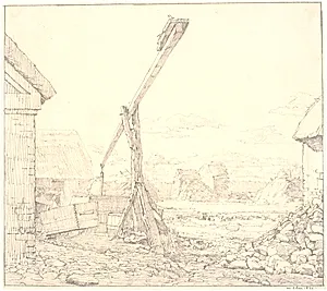 Brøndvippe i en bondegård, solskin by Christen Købke