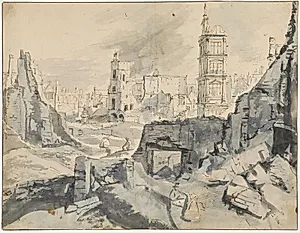 Bruxelles efter bombadementet i 1695 by Augustin Coppens
