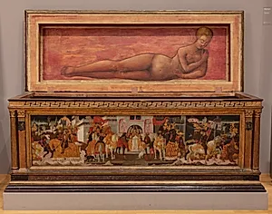 Bryllupskiste (opbevaringskiste). Såkaldt "cassone" eller "forziere" by Lo Scheggia (Giovanni di Ser Giovanni Guidi)