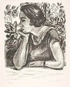 Brystbillede af en dame med hagen hvilende på højre hånd by Henri Matisse