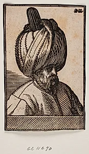 Brystbillede af skægget mand med turban, 3/4 profil t.h. by Melchior Lorck