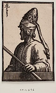 Brystbillede af ung mand med spids læderhat og en stav i venstre hånd; 3/4 profil t.v., let bortvendt fra beskueren by Melchior Lorck