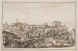 By prospekt med palads og kirke omgivet af mur by Jens Petersen Lund