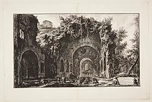 Bygningen og grotten ved Egiria-fontænen, med San Urbano-kirken på en bakketop i det fjerne by Giovanni Battista Piranesi