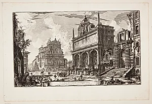 Bygningen over fontænen Acqua Felice, nær Diocletian's termer og ved siden af kirken Santa Maria della Vittoria by Giovanni Battista Piranesi