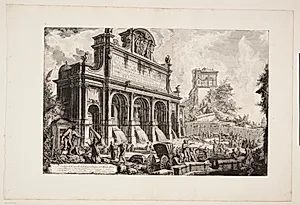 Bygningen over fontænen Acqua Paola på Monte Aureo, Rom, med Casino Farnese og Peterskirkens kuppel i det fjerne by Giovanni Battista Piranesi