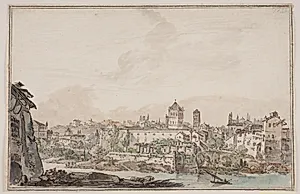 Byprospekt med huse og kirke ved flod. Antikkens Rom by Jens Petersen Lund