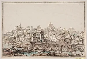 Byprospekt med huse og kirke ved flod. Antikkens Rom by Jens Petersen Lund