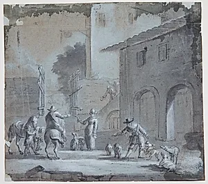 Byscene med en åben port, figurer og dyr by Jan Asselijn