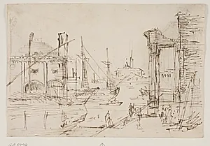 Capriccio med klassiske ruiner på en kaj, et bådehus, to gallejer, et sejlskibs to master bag dem, en kirke med kuppel i baggrunden by Ubekendt
