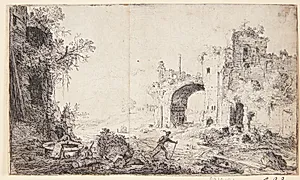 Caracallas termer, i forgrunden en budbringer med vandrestav by Bartholomeus Breenbergh