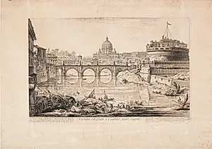 Castel Sant' Angelo-broen med kastelle (Hadrians mausoleum), i forgrunden Tiberen med både og i det fjerne Peterskirkens kuppel by Giovanni Battista Piranesi