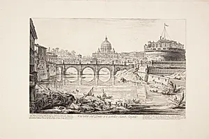 Castel Sant' Angelo-broen med kastellet (Hadrians mausoleum), i forgrunden Tiberen med både og i det fjerne Peterskirkens kuppel by Giovanni Battista Piranesi