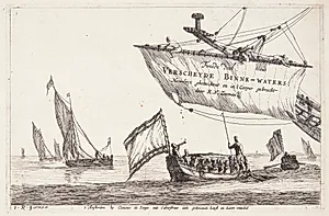 Chalupper og sejlbåde på stille vand. Titelblad til Indre farvande (Verscheyde Binne-Waters)" by Reinier Zeeman