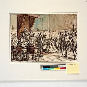 Chr. IV lader bødlen tage ordenskæden og sværdet fra falskneren Christopher Rosenkrantz by Wilhelm Marstrand