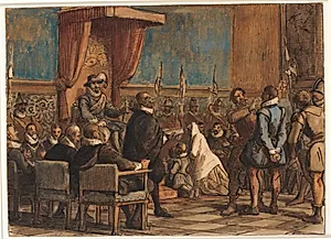 Chr. IV lader bødlen tage ordenskæden og sværdet fra falskneren Christopher Rosenkrantz by Wilhelm Marstrand
