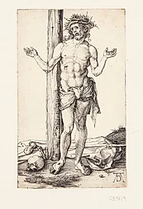Christus som smertensmand, stående med løftede hænder by Albrecht Dürer