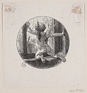Cirkelrund Vignet med flyvende Engel by F. Hendriksen