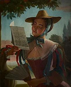 Dame i sommerdragt og med stråhat, læsende et brev