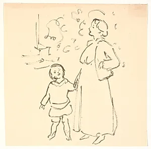 Dame med et barn ved hånden by Ludvig Find