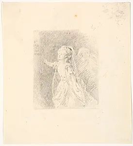 Dame med udbredte arme. Bag hende en turbanklædt mand by C.A. Lorentzen