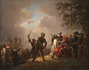 Dannebrog falder ned fra himlen under Volmerslaget ved Lyndanisse (Tallin) i Estland den 15. juni 1219