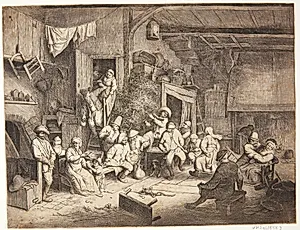 Dansende bønder i en krostue by Adriaen van Ostade