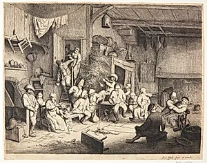 Dansende bønder i en krostue by Adriaen van Ostade