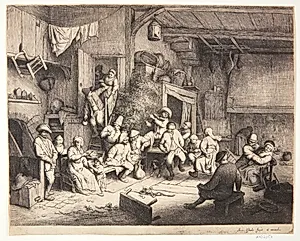 Dansende bønder i en krostue by Adriaen van Ostade