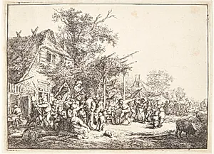 Dansende bønder ved et herberg by Adriaen van Ostade