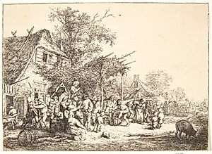 Dansende bønder ved et herberg by Adriaen van Ostade